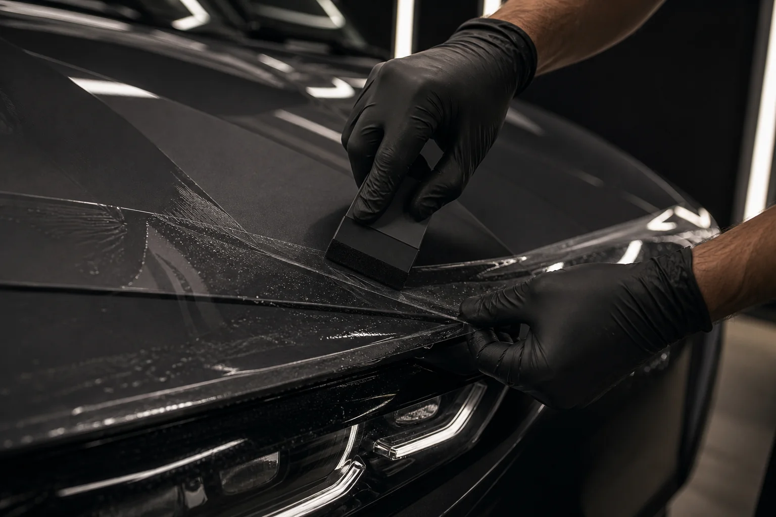 Paint protection film being installed by hand